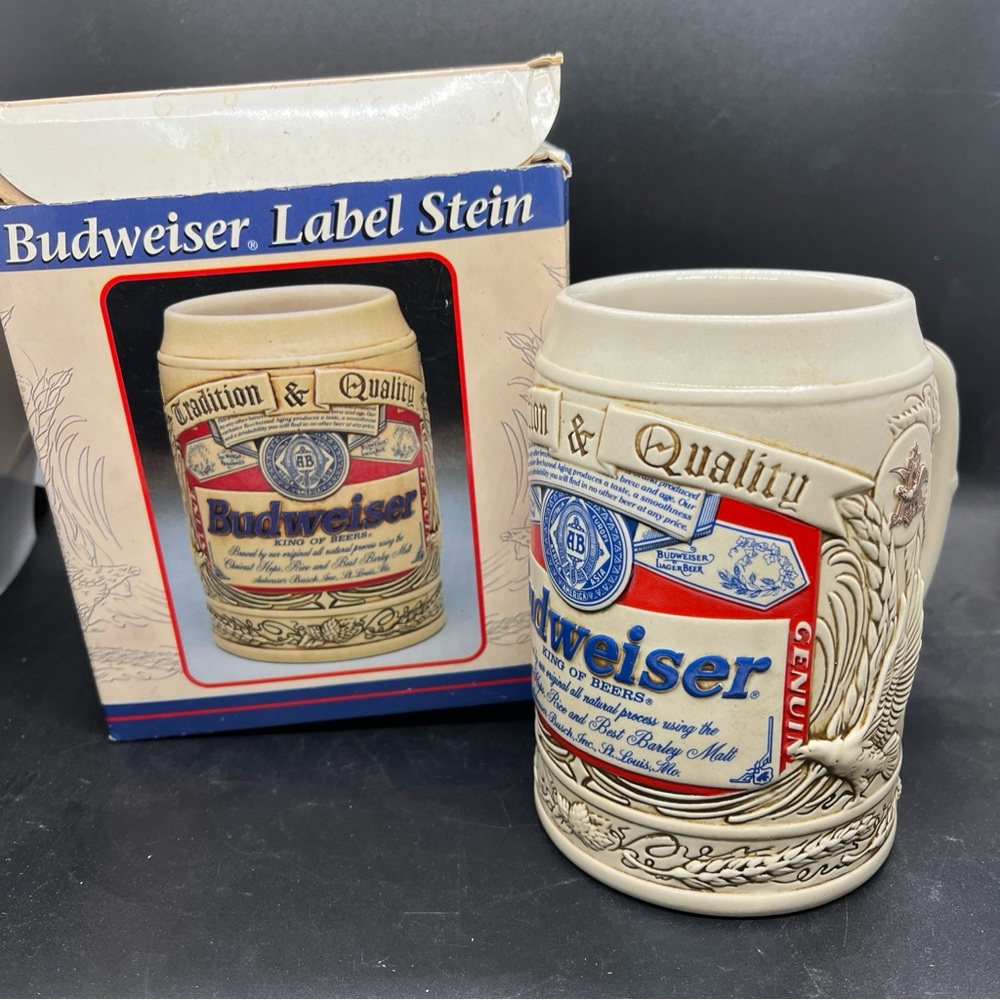 Budweiser Label Stein Beer Mug Cup 1995 Ceramarte Brazil w/ Box & COA